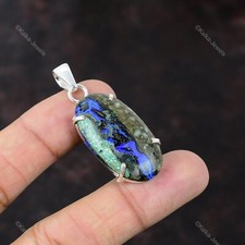 Gold Tone Round Cabochon Pendant Necklace with Blue-Green Azurite-Malachite Style Stone — listing 3
