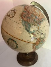 Vintage Tabletop World Globe on Turned Wood Stand with Full Brass Meridian Ring