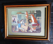 David Wills Anthropomorphic Cats Print, Cozy Cottage Fireside Scene, Framed