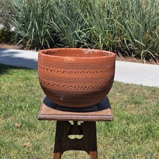 Terracotta Planter with Chevron/Herringbone Textured Pattern (with live Hosta plant) — listing 2