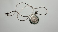 Mexican Sterling Silver Necklace with Bezel-Set Malachite Diamond Links and Triangular Pendant, 22" Long