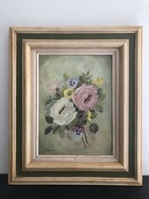 Vintage Oil Painting Still Life of Pansies in Ceramic Vase, Gilt Wood Frame — listing 4