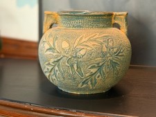 Vintage Brushware Pottery Bowl with Molded Fruit & Foliage Relief, Green Glazed Interior, 3x6 — listing 5