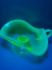 Vaseline / Uranium Glass Nappy Dish with Blue Opalescent Ruffled Rim and Applied Handle