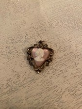 Antique Gilt Metal Shell Cameo Mourning Brooch with Photo Frame Back, 40mm x 35mm — listing 3