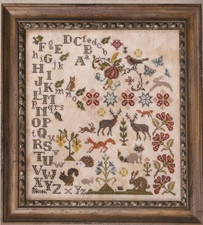 Framed Primitive Cross-Stitch Sampler with Houses, Alphabet & Quaker Medallions — listing 5