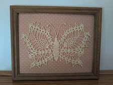 Framed Handmade Crochet Lace Butterfly Doily, Oval Blue Mat in Gold Wood Frame — listing 2