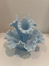 Fenton White Milk Glass Hobnail Ruffled Epergne, 3-Horn Bowl Set, 6 1/2 inches, listing 6