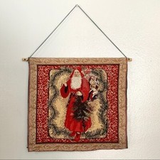 Vintage Christmas Santa & Presents Woven Cotton Tapestry Throw Blanket with Fringe