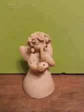 Handmade Redware Pottery Angel Figurine Holding Bird, Brown Glaze — listing 3