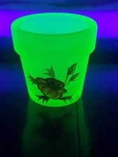 Miniature Yellow Uranium Glass Flower Pot with Hand-Painted Orange Roses, 2.5 inches