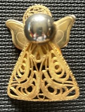 Vintage Mixed Metals Angel Brooch Pin with Filigree Skirt and Fluted Wings
