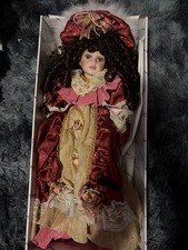 Vintage Porcelain Collector Doll with Red Braids in Green Calico Dress and Eyelet Pinafore — listing 3