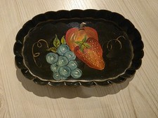 Hand-Painted Tole Metal Planter with Rose Motif and Scrolled Leaf Handles, Artist Signed — listing 2
