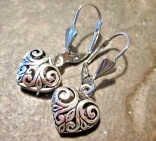 Vintage Puffed Heart Dangle Earrings with Etched Floral Scroll Design 925 or Sterling stamped — listing 3