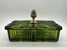 Vintage Avocado Green Pressed Glass Ruffled Compote / Candy Dish with Star Pattern — listing 4