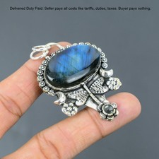 Handmade Artisan Silver-Tone Pendant with Faceted Crystal and Tiger's Eye Bead, 2-1/4" Diameter — listing 5