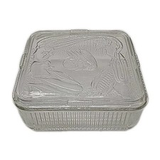 Vintage Depression-Era Ribbed Glass Refrigerator Dish with Embossed Vegetable Lid (8.5" x 4.125" x 3.25")