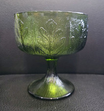 Vintage Emerald Green Pressed Glass Ruffled Compote with Grape & Leaf Pattern on Pedestal Base — listing 3