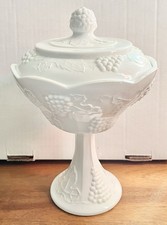 Vintage Milk Glass Grape Pattern Scalloped Footed Candy/Nut Dish