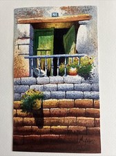Original Signed Watercolor Painting, Peruvian/Andean Village Street Scene with Figures, Framed 10x6.5" — listing 6