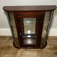 Vintage Wall-Mounted Wooden Curio Display Cabinet with Glass Door and Turned Finials — listing 2
