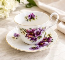 Allyn Nelson Collection Fine Bone China Teacup & Saucer, Purple Violets Pattern