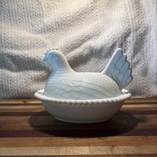 Vintage Milk Glass Hen on Nest Covered Dish with Basketweave Base — listing 5