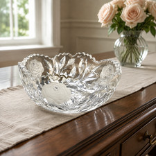 Pressed Crystal Vase with Frosted Rose & Floral Rim, Scalloped Top