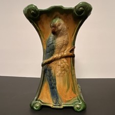 Vintage Cylindrical Ceramic Vase with Raised Bird & Floral Motif and Gilt Rim — listing 3