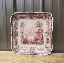 Red Transferware Square Salad Plate, Swiss Chalet Alpine Scene Pattern Clarice Cliff Tonquin — listing 5