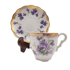 Napco Hand-Painted Porcelain Demitasse Teacup with Floral Bouquet and Burgundy Panels — listing 3