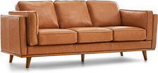 Vintage Cognac Tan Leather Three-Seat Sofa with English Roll Arms and Bun Feet — listing 3