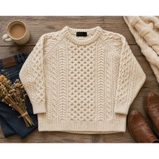 Blarney Woollen Mills Cream Aran Cable-Knit Fisherman Sweater, Size 2XL — listing 4