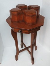 Antique 1920s-1930s Turned Wood Smoking Stand with Cobalt Blue Glass Ashtray and Storage Drawer