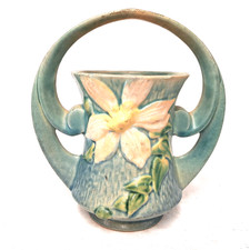Roseville Pottery Clematis Pattern Handled Basket Vase, Rose/Brown — listing 3