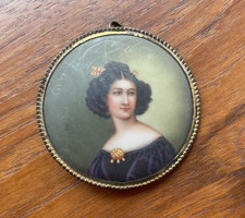 Antique Hand-Painted Porcelain Portrait Miniature of Two Women in Landscape, Oval Ebonized Frame