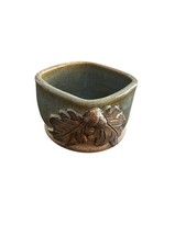 Handmade Studio Pottery Planter with Incised Oak Leaf and Acorn Design, Green Glazed Interior — listing 5