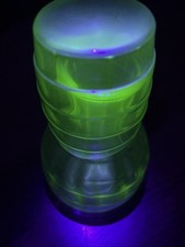 Vintage Green Uranium Glass Ribbed Carafe / Bedside Water Carafe, 6 inches