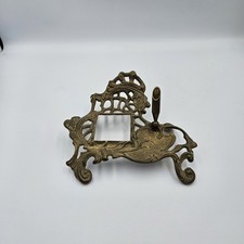 Antique Victorian Ornate Brass Double Inkwell Desk Stand with Figural Bacchus/Mask Backplate