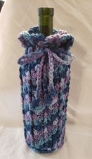 Handmade Crochet Drawstring Bottle Cozy / Pouch, Green & Yellow Floral Popcorn-Stitch — listing 5