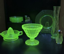 Green Uranium Glass Footed Sherbet Cup, Block Optic Pattern, 3" Tall