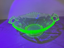 Vintage Uranium Green Depression Glass Twin-Handled Bowl, Paneled Form, 4.5 inches — listing 6