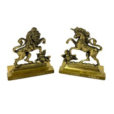 Vintage Brass Lion and Unicorn Heraldic Bookends Pair - Royal Coat of Arms Supporters — listing 6