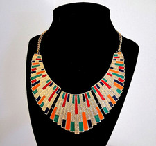 Vintage Egyptian Revival Matte Gold-Tone Link Necklace with Black Cabochons — listing 2