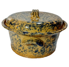 Blue Spongeware Stoneware Covered Bean Pot with Two Handles and Matching Tumblers — listing 2