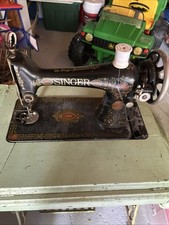 Antique Singer Electric Sewing Machine Head with Red Eye Decals, on Wood Base, listing 4