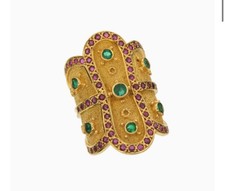 Byzantine Style Wide Band Ring with Emerald Cabochon and Diamond Accents — listing 2