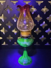 Vintage Uranium Glass Kerosene Oil Lamp with Green Vaseline Glass Font and Clear Glass Chimney, 17 inches tall — listing 5