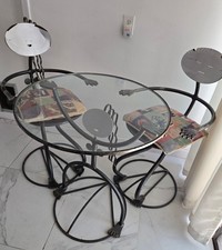 Postmodern Glass-Top Dining Table with 8 Black Lacquer High-Back Chairs — listing 4